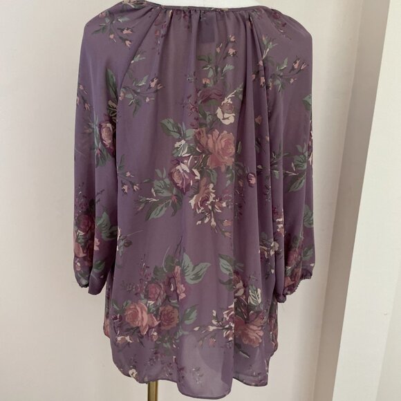 Chaps Sheer Peasant Top Blouse Size XL Petite Purple Floral Whimsigoth Fairy - Picture 7 of 11